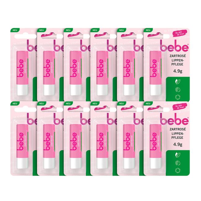 bebe Zartrosé Lippenpflege (12 x 4,9 g), Lippenpflegestift mit Mandelöl & Sheabutter, verleiht trockenen Lippen einen Hauch von Rosé