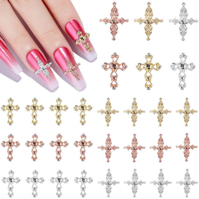 3D Cross Nail Charms for Acrylic Nails, 30pcs Cross Nail Decorations for Nail Art, Punk Nail Design Metal Nail Supplies, Alloy Cross Nail Studs for Women Girl DIY Jewelry Cellphone Crafts(Gold+Silver)