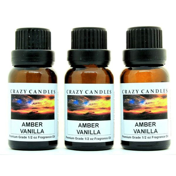 Crazy Candles Amber Vanilla (Made in USA) 3 Bottles 1/2 FL Oz Each (15ml) Premium Grade Scented Fragrance Oil