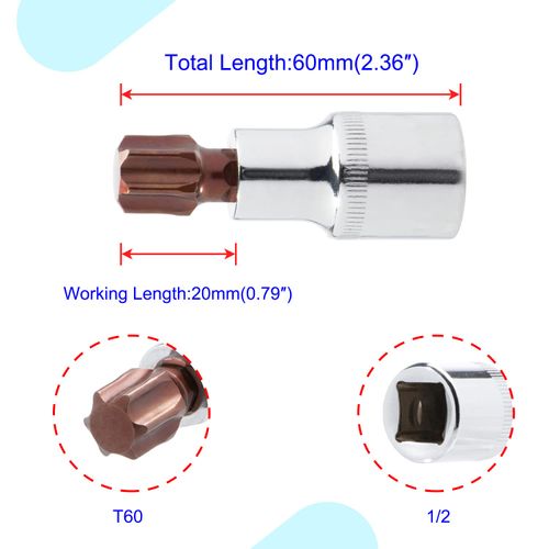 Aopin 1/2 Inch Bit Socket T60, Auto Repairs Tools Machinery Equipment, S2 Steel Bit, CR-V Steel Sockets, 2.5"(60mm) Length, 2pcs