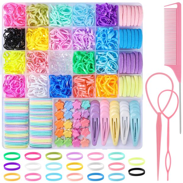 Elastic Hair Ties Hair Accessories for Girl, 1683 PCS Hair Rubber Bands with Hair Clips Set