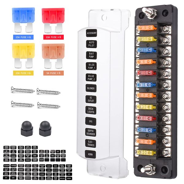 12 Way 12V Fuse Box Blade, 12Volt Fuse Block Without LED Indicator Damp-Proof Cover - 12 Circuit Independent Positive Negative Fuse Box Holder for 12V/24V Auto Car Truck Boat Marine Vehicle