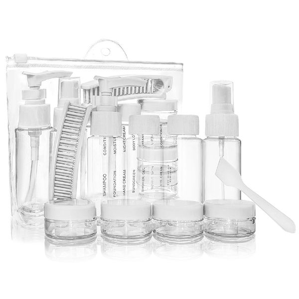 Portable Travel Bottles Kit, Upgraded TSA Approved Leak Proof Toiletry Containers Set, Clear PET Flight Size Cosmetic Containers for Lotion, Shampoo, Cream, Soap, Set of 12, White