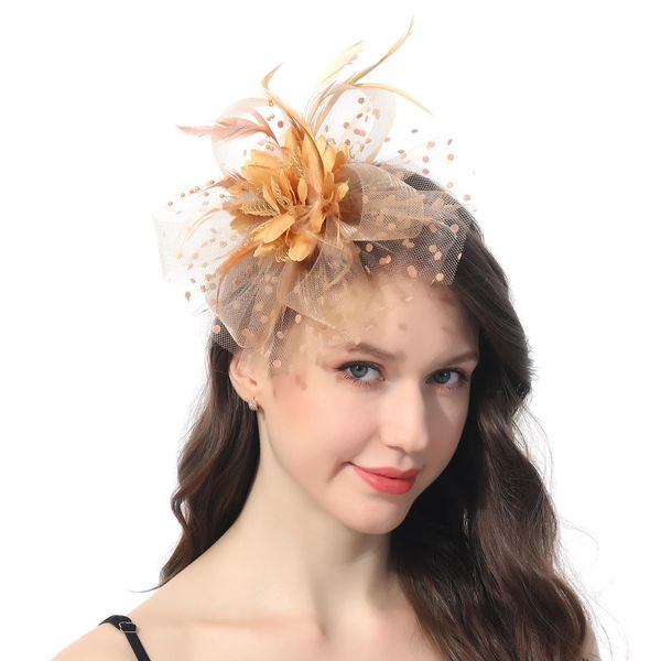 Ladiery Women Fascinators Hat for Wedding Tea Party Mesh Flower Feather Beads Kentucky Derby Hats with Headband and Clip for Girls Khaki