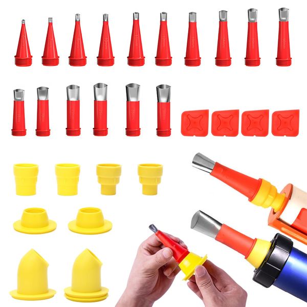 Qiciqinoone 28PCS Edelstahl Dichtungsdüse Silikondüsen, Universal Gummidüse Werkzeug Kit, Einteiliger Edelstahldüsen Dichtmittel Abdichten Düsen, Dichtungsfinisher Silikon Düse für Fenstern,Badezimmer