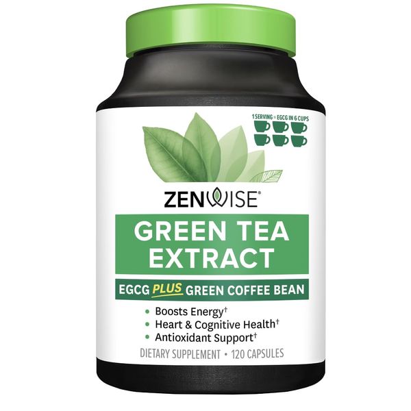 Zenwise Green Tea Extract with EGCG & Vitamin C - Antioxidant & Immune Supplement - Vegan Skin & Heart Support + Brain Health & Memory Boost - 120 Count