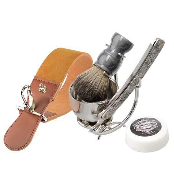 Grandslam Shaving Straight Razor Kit, Steel Cutthroat Straight Razor With Leather Strop, Shaving Brush, Stainless Steel Shaving Bowl and Stand, Shaving Soap, Gift for Men…