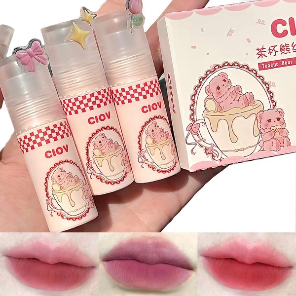 3Pezzi Teacup Bear Velvet Gloss Labbra Set, impermeabile Matte Lucidalabbra Bambina, set di rossetti a lunga tenuta, Smooth Korean Lip Mud Lip Stains Makeup Set