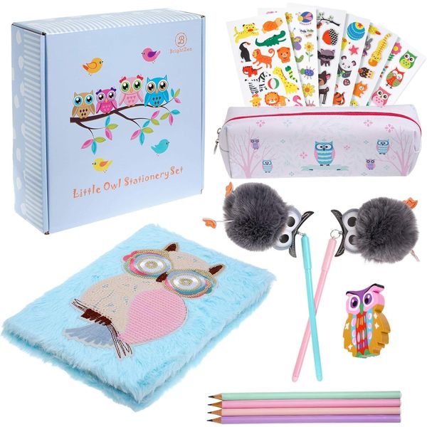 Brightzen Cute Owl Stationery Set – Owl Fur Notebook, Pencil Case, Pom Pens, Pastel Pencils, Eraser and Stickers with Gift Box, for girls boys age 4 5 6 7 8 9 10 11