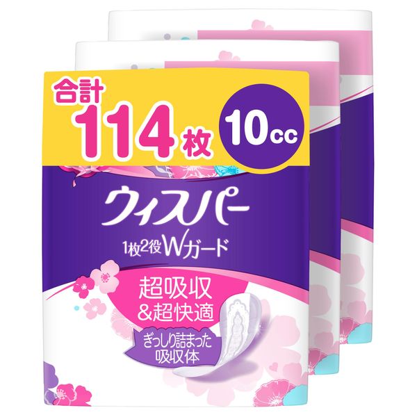 Whisper 2-in-1 W Guard, 3.9 fl oz (10 cc, 19 cm), Pack of 114 (38 Sheets x 3 Packs) (Panty Liner, Water Absorption Care, Urinary Leak Pad)