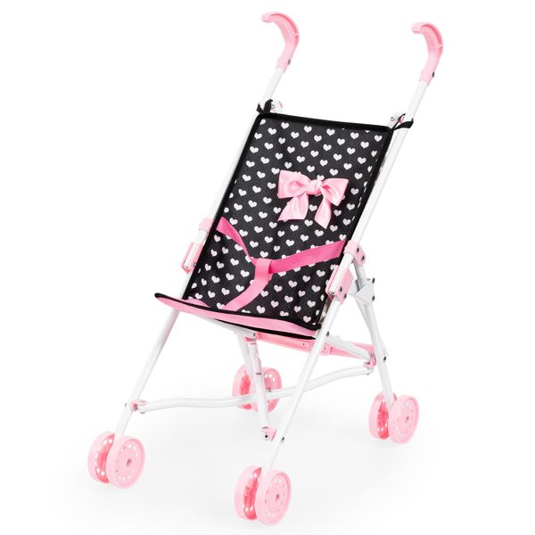 Bayer Design Dolls: Buggy Umbrella Stroller - Hearts Black & Pink - for Dolls Up to 18', Foldable, Seat Belt, Easy to Push, Kids Pretend Play, Ages 3+