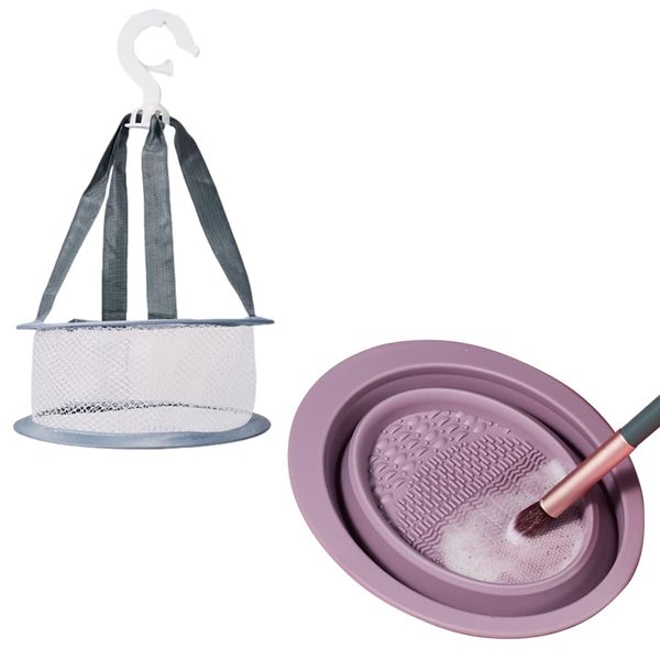 Doyime Makeup Brush Cleaning Set Makeup Brush Cleaner (Set of 2) Cleaner Makeup Brush Drying Net Silicone Bowl Hanging Foldable Brush Sponge Powder Puff Cleaning Tool Purple