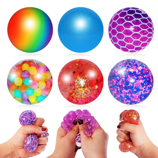 WISYME 6PACK Stress Balls Bulk, 6 Different Squishy Squeeze Balls for Adults Stress Relief, Small Cute Balls/Netting Squishies /Color Changing/Sticky Balls