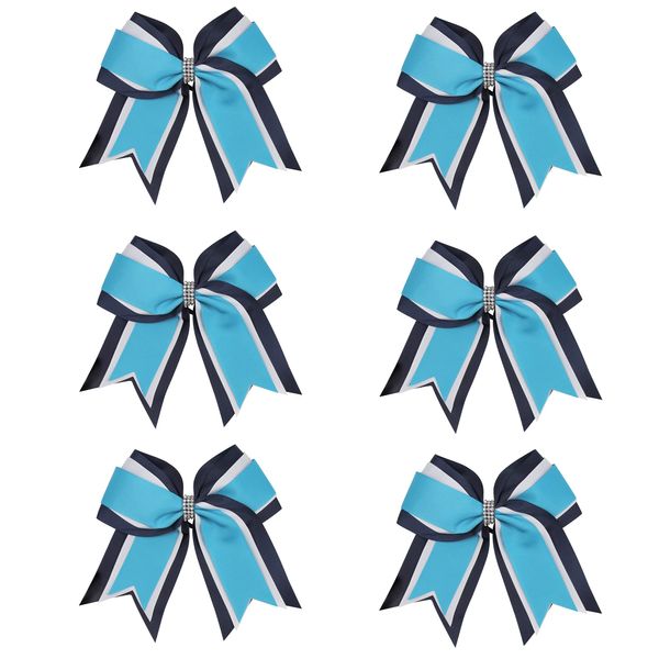 8 Inch 3 Colors 3 Layers 6 Pcs Cheerleader Bows Jumbo Cheerleading Bows Hair Elastic Hair Tie for High School College (Navy blue/White/Light blue)