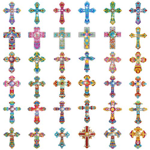 36 Pcs Cross Diamond Painting Keychains 5d Double Sided Cross Shaped Diamond Art Keychains for DIY Adults Crafts Home Decor Gift Party Favors