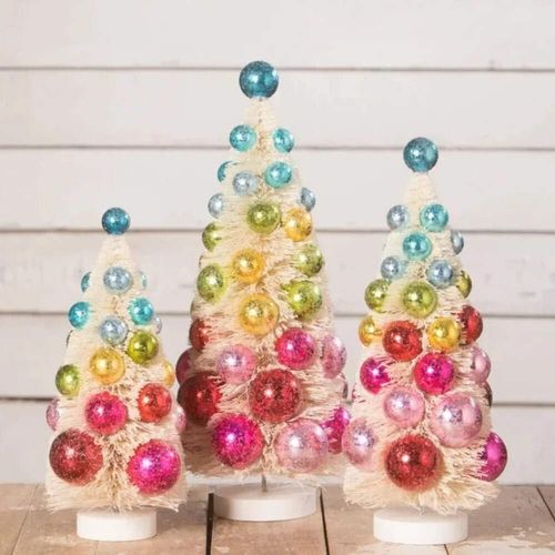 Bethany Lowe Designs Bright Hue Baubles Rainbown Snow Dusted Bottle Brush Trees Set of 3