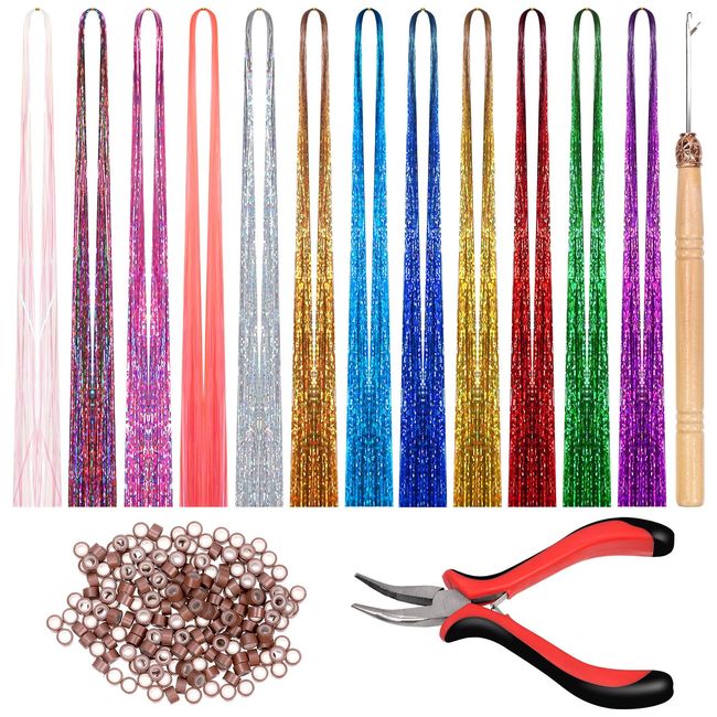 Swpeet Haarverlängerung mit Werkzeug 214Pcs 47" Haar Tinsel Kit Inklusive 12 Mischfarben 2400 Stränge Haar Tinsel 200Pcs Silikon gefüttert Micro Ring Häkelnadel 5" Pinzette für Mädchen Kinder