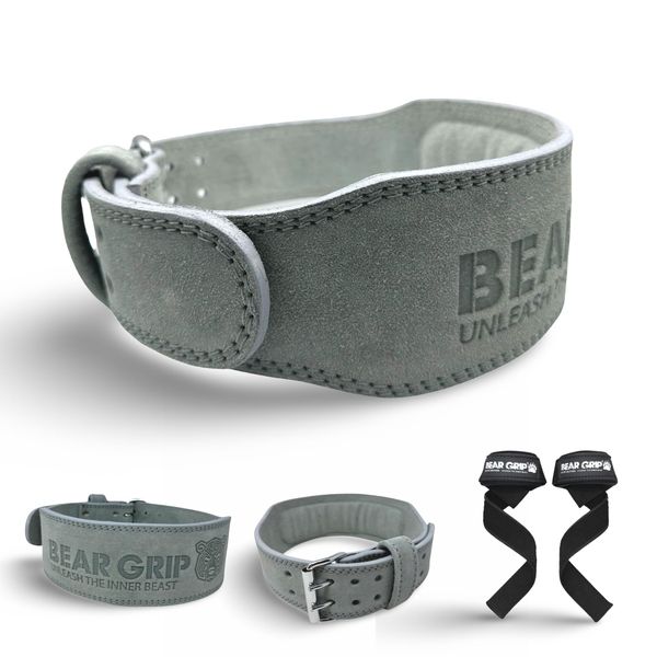 BEAR GRIP - Premium Suede Double Prong Weight Lifting Belt (Grey, Medium)