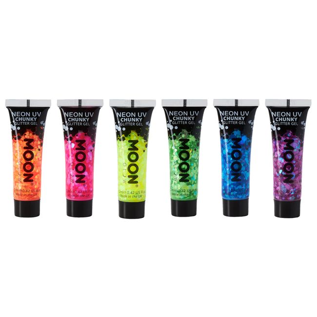 Moon Glow Neon UV Grober Glitzer für Gesicht und Körper Gel, 12 ml, 6er-Set (Gelb)