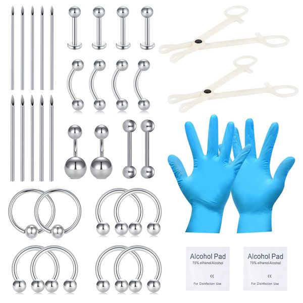 NIUSIMAN 36PCS Piercing Kit for all Body Piercing Stainless Steel Self Piercing Kit Lip Eyebrow Rook Carved Barbell Septum Piercing Jewellery Belly Button Piercing Kit with 14G 16G Piercing Needles