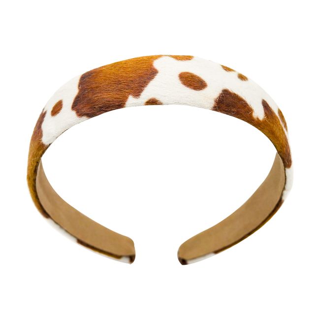 Kathaya Cow Print Hair Headbands for Women Hard Satin Hair Bands for Girls and Adults, Wide Non-Slip Fashion Headbands for Women and Teen Girls, Cowhide Hair Accessories Headband Hoops (White Brown)