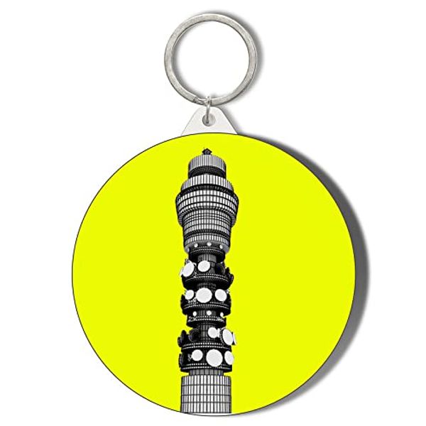 Gift Insanity BT (BRITISH TELECOM) TOWER - POP ART - YELLOW BACKGROUND - 45mm Keyring