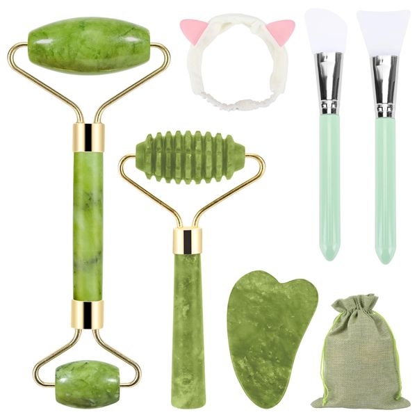 Coicok 7 Stück Jade Gua Sha Stein Set, Gua Sha und Gesichtsroller Beauty Massager Skincare, Jade Roller, Natürlich Grünes Massagegerät, Anti-Aging Massageroller, Schönheit Geschenke