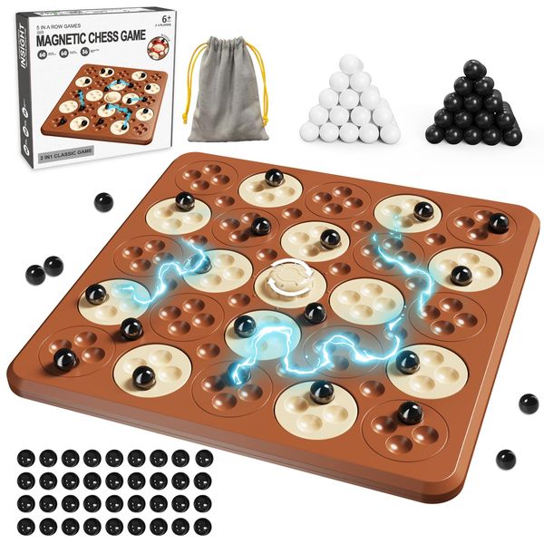 Magnetic Chess Game, Magnet Game, Magnetic Board Game for Kids Adults Family Game Night, 2 in 1 Multiplayer Magnetic Chess Game with 36 Stones & Connect-5-Piece Game, Magnetic Chess Set Gift(Brown)