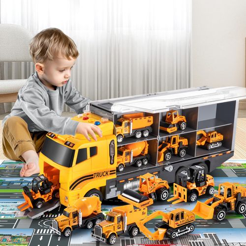 Toddler Toys for 3-9 Years Old Boys, Construction Toys Car Transport Vehicle W/Play Mat, Die-cast Alloy Engineering Vehicle Gifts for Age 3 4 5 6 Kids Child Boys Girls Birthday Party Favor
