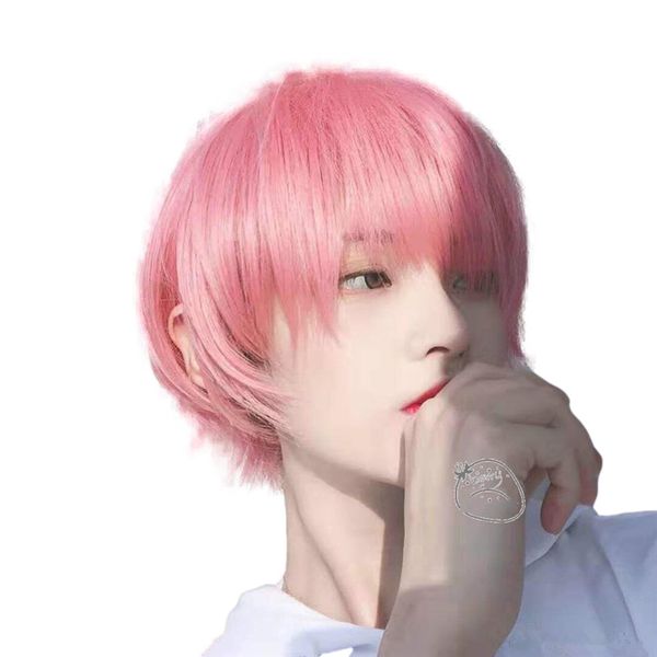 Railana Men's Short Wig, Full Wig, Unisex, Easy Arrangement, Photo, Beautiful, Net Included, Popular, Cool, Stylish, Head, Natural, Neckline, Straight, Everyday Use, Short Hair, Natural, Whorl, Center Part, Cool, Korean, Idol Style, Long Bangs (Pink)