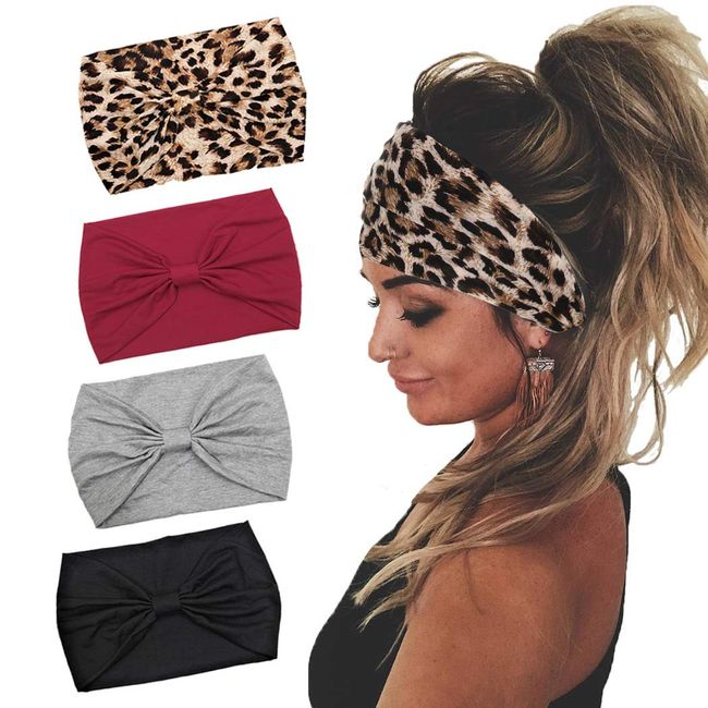Gangel Boho Headbands Fabric Knotted Turban Head Wraps Wide Hair Scarf Cotton Yoga Running Hair Accessories for Women and Girls(Pack of 4) (Adorable)