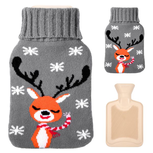 Hot Water Bottle 800ML Rubber Hot Water Bag with Snowflake Deer Pattern Knitted Cover for Hand Feet Warmer, Neck and Shoulder Pain Relief (Grey)