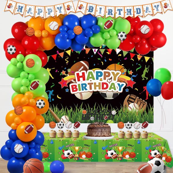 Hombae Sports Birthday Party Decorations, Sports Ball Superstar Themed Birthday Party Backdrop Balloon Banner Tablecloth Cake Topper Basketball Soccer Volleyball Football Baseball