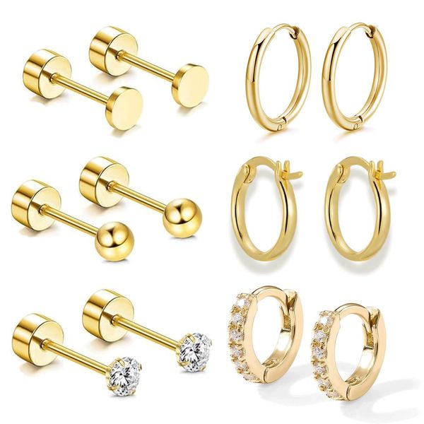 BENIFILE Gold Hoops Earrings for Women Men Girls, Small Flat Back Stud Earrings, Plated Gold Sleeper Earrings Cartilage Huggies Earring Sets for Multiple Piercings Jewellery (6 Pairs) (Gold)