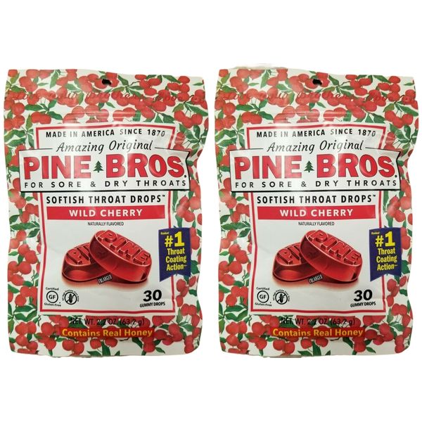 PINE BROS Throat Drops WILD CHERRY 30 Gummy Drops ( 2 pack ) ^