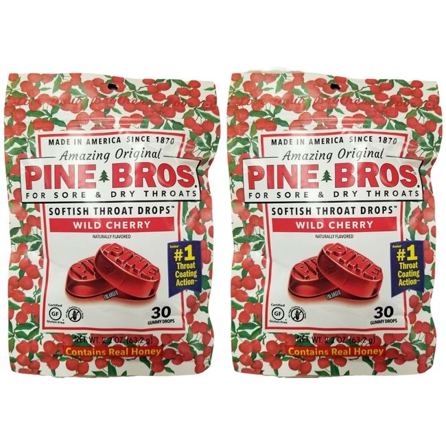 PINE BROS Throat Drops WILD CHERRY 30 Gummy Drops ( 2 pack ) ^