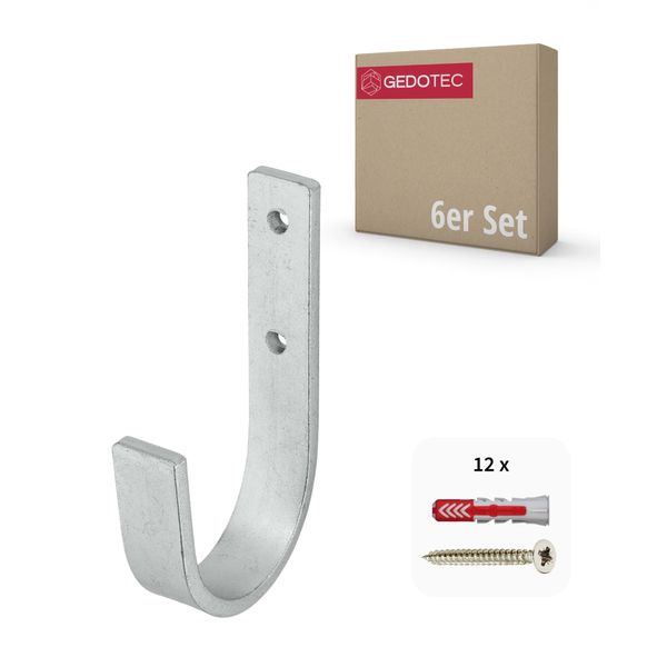 Gedotec Wandhalterung - Universal-Haken Stahl verzinkt | 6 Stück Leiterhaken gebogen 55 x 110 mm | Gerätehaken inkl. Befestigungsmaterial | Allzweckhaken aus Metall | Wandhaken zum Schrauben