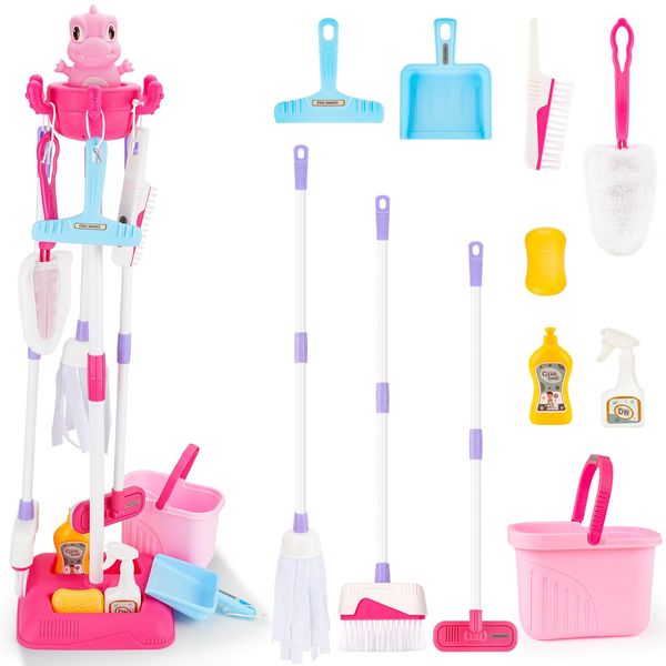 deAO Kids Cleaning Set-12 Pcs Toddlers Housekeeping Pretend Play Children Kit Toy Cleaning Set Kids Broom and Mop Set for Ages 3+ Christmas Birthday Toys for Girls Boys