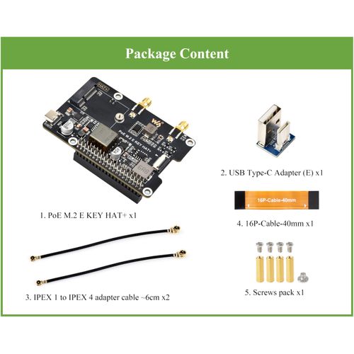 Pi5 PCIe to M.2 E Key Adapter with PoE Function Compatible with Raspberry Pi 5, Support 2230 Size NGFF (M.2 E Key) Wireless NIC-AX210/AX200/BE200/RTL8822CE and Gen2 and Gen3 Modes, HAT+ Standard