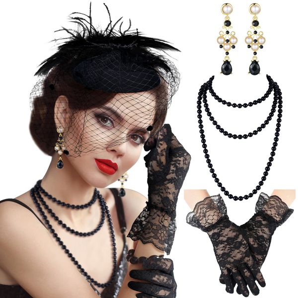 Fascinator Hats for Women Tea Party Hats and Gloves Set Include Mesh Hats Lace Gloves Pearl Necklace Earring for Women Girls (Black, Floral Style)