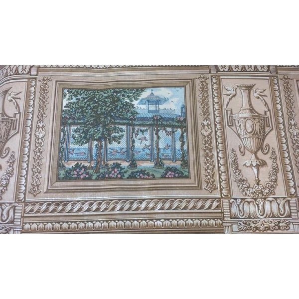 VICTORIAN GARDEN SCENE WATER FOUNTAIN AND AVIARY AND URNS  WALLPAPER BORDER