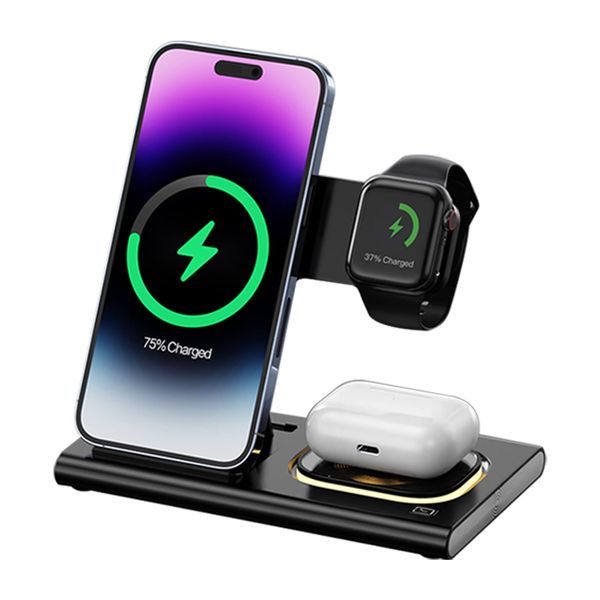 Ink Chips, 4-in-1 LED Night Light, Wireless Charger, Black, 3 Devices Simultaneously, MagSafe Function, Rapid Charging, Foldable, LED Light Function, Smartphone Stand, Magnetic, USB Type C Compatible,