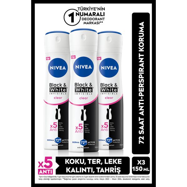 Kadın Sprey Deodorant Black&White Invisible Clear 150ml, 72 Saat Anti-perspirant Koruma, X3 Adet