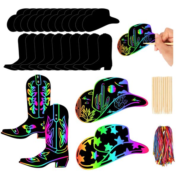 JarThenaAMCS 60Pcs Western Cowboy Scratch Paper Craft Kits Cowboy Hat Boot Scratch Cards Ornaments with Ribbon & Wood Styluses for Party DIY Crafts Painting Supplies