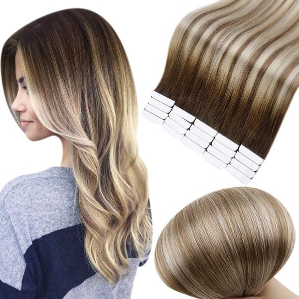 Full Shine 22 Inch Tape Human Hair Extensions Seamless Pastel Invisible Tape Real Hair Extensions Dark Brown Roots Color 3 Fading to 8 and 22 Blonde Highlighted Balayage Tape Hair Extensions