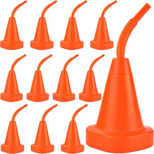 ALINK 12 Pack Race Car Cups with Straws, Construction Party Favors, 10 oz Traffic Road Cone Kids Party Cups for Car Themed Birthday Party Decorations Supplies, Orange