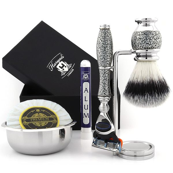 Haryali London 5 Edge Shaving Razor With Synthetic Badger Hair Shaving Brush, Stand and Alum Perfect Shaving Kit For Mens