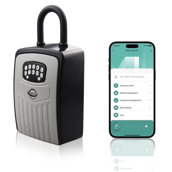 SISAV Smart Bluetooth Key Lock Box,Remote Access via App/Code,Resettable 6-Digit Combination,Large Capacity for 5 Keys,Wall-Mounted,No WiFi Needed,Grey(with Shackle)