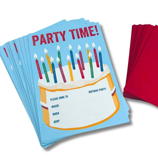 WRAPT 20pcs KIDS BIRTHDAY INVITATIONS 'Party Time' for Boys or Girls party, Unisex, Cake Themed Birthday Party Invites Cards, Writing Paper Invites with Red Envelopes, 20 pack set