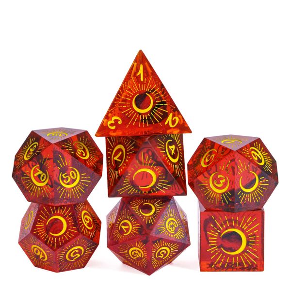 Cusdie Sharp Edges DND Dice, 7 PCs D&D Dice, Handcrafted Polyhedral Dice Set, for Role Playing Game (Moon-Red Mixed Black)